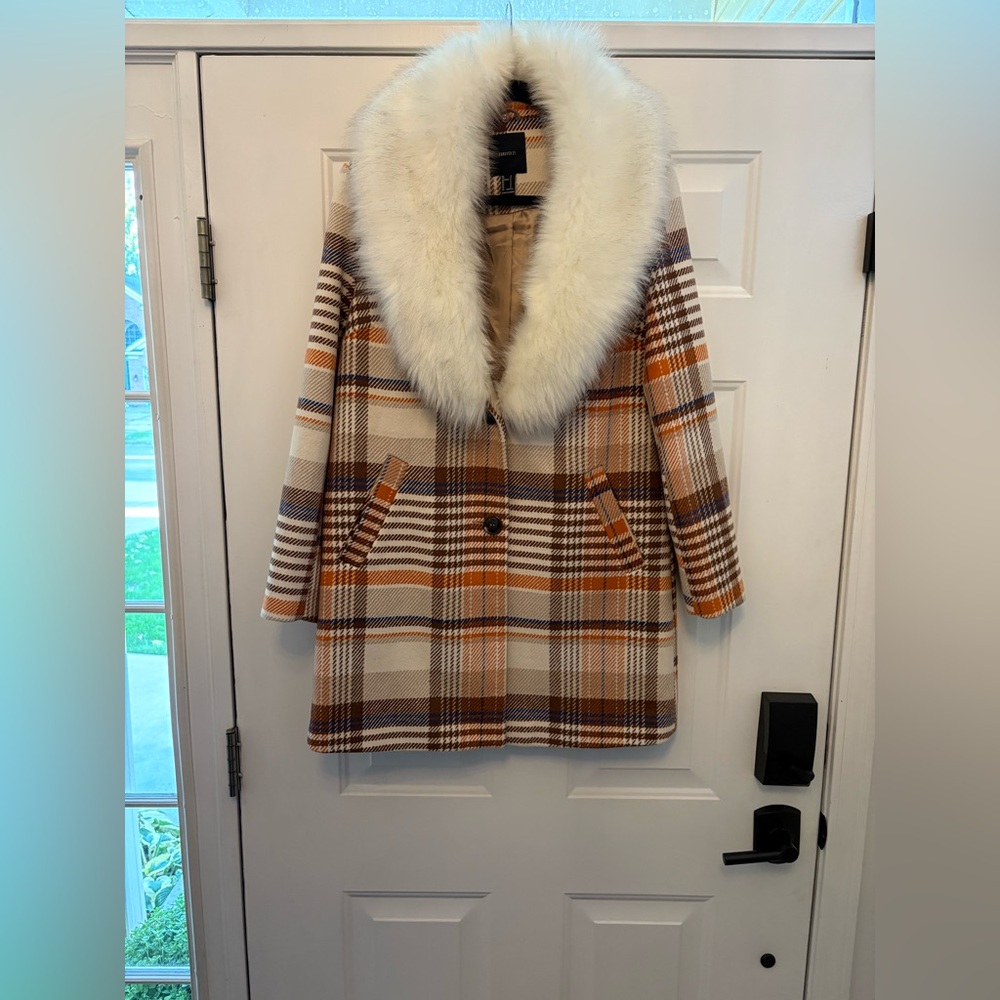 NEW!! Forever 21 Plaid Pea Coat with Faux Fur Collar